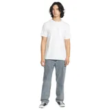 Pantalón de jean con corte tapered, de tiro medio y pierna ligeramente ajustada hacia el tobillo. Presenta un lavado gris con efecto desgastado, cierre de botón y cremallera, y diseño de cinco bolsillos.