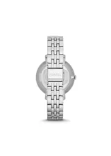 Reloj Fossil Jacqueline con caja de acero plateado pulido de 36 mm, pulsera metálica a tono y esfera plateada con números romanos y marcadores oscuros.