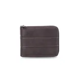 Billetera negra de simil cuero con cierre alrededor y broche frontal. Cuenta con espacio para billetes, tarjetas y documentos.