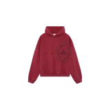 Hoodie oversize Eme Studios de color bordó con efecto desgastado, capucha, bolsillo frontal tipo canguro y un estampado circular en el pecho con texto y logo.