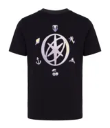 Remera negra de algodón con elastano, de corte ajustado, cuello redondo y mangas cortas. Presenta estampa frontal con la inscripción "KATSEYE" y pequeños símbolos gráficos en tono claro.