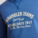 Buzo de manga larga Wrangler de algodón color azul con efecto lavado. Presenta cuello redondo y estampa frontal con el logo de la marca. Tiene ribetes acanalados en cuello, puños y dobladillo.