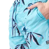 Short de baño Billabong de color celeste con estampado tropical de palmeras y atardecer, con cintura elástica y cordón ajustable.