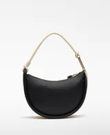 Bolso de hombro tricolor en forma de media luna, confeccionado en material sintético con textura granulada. Cuenta con un compartimento principal con cierre de cremallera, tirador con nudo negro, bolsillo interior con cremallera, asa corta tubular en tono claro con detalle metálico y logo grabado en la parte frontal.