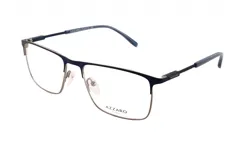 Armazón de anteojos Azzaro modelo 31203, con marco rectangular metálico color azul en la parte superior y plateado en la parte inferior.
