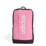 Mochila Adidas de diseño deportivo en color rosado con detalles en negro. Presenta el logo de la marca estampado verticalmente en blanco, compartimento principal con cierre, bolsillo frontal y laterales de malla.