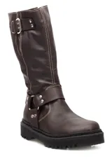 Bota marrón de caña alta con hebillas y suela track.