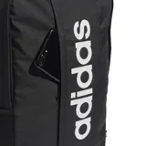 Mochila Adidas Linear unisex de poliéster reciclado color negro con logo Adidas en blanco. Cuenta con un compartimento principal con cremallera, bolsillo frontal con cremallera y bolsillos laterales de malla.