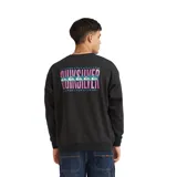 Buzo de cuello redondo Quiksilver, color negro, con pequeño logo estampado en el pecho en tonos azul y rosa.