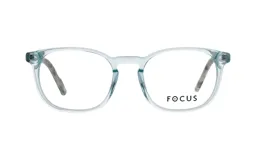 Lentes de armazón con diseño redondeado en color transparente azulado, fabricados en acetato de alta calidad.