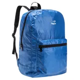 Mochila Topper de diseño ligero y plegable, color azul, con compartimento principal y bolsillo frontal con cierre, correas ajustables negras y logo de la marca estampado en blanco.