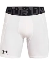 Shorts de compresión Under Armour HeatGear blancos, con pretina elástica con logo de la marca y bolsillo lateral.