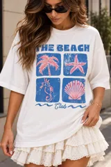 Remerón blanco de corte holgado con estampa frontal colorida y texto "Champagne & Oysters".