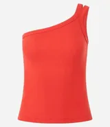 Blusa color naranja, confeccionada en tejido rib de algodón, con escote de un solo hombro y doble asa.