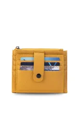 Tarjetero color verde agua con presilla frontal y múltiples ranuras para tarjetas. Incluye un bolsillo con cierre para monedas o billetes.