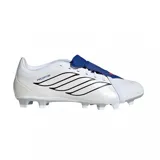 Championes de fútbol Adidas Predator Club FG/MG, color blanco con lengüeta azul plegable y detalles en negro y rojo.