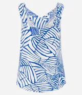 Blusa sin mangas con escote en V y estampado de hojas en tonos azul y blanco.