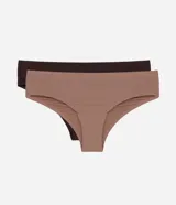 Kit de dos bombachas tipo bikini Lov confeccionadas en microfibra sin costuras visibles, con diseño de laterales anchos en tonos marrón y tostado.