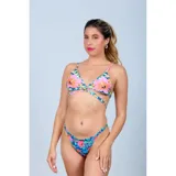 Top de bikini United Uy con diseño de estampado camuflado y flores grandes en tonos rosados, naranjas y celestes. Cuenta con copas triangulares, tirantes finos ajustables y tiras cruzadas en la parte inferior para atar en la espalda.