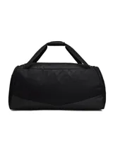 Bolso deportivo Under Armour modelo Undeniable 5 Duffle L, color negro con logo plateado. Cuenta con tecnología repelente al agua, compartimento ventilado para calzado o ropa sucia, bolsillos organizadores internos, correa de hombro acolchada extraíble y asas superiores.