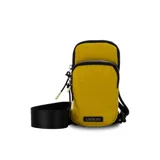 Bolso porta celular con cierre frontal, compartimentos internos para tarjetas y bolsillo trasero. Incluye correa elástica regulable y desmontable.