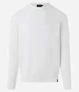 Suéter negro de tejido de punto maquinetado con cuello redondo y manga larga.