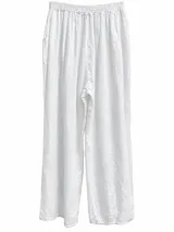 Pantalón blanco de lino, tiro alto con cintura elástica fruncida y bolsillos laterales, corte ancho y fluido.