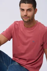 Remera lisa de manga corta y cuello redondo, color gris oscuro, de calce cómodo con pequeño logo bordado en el pecho.