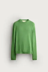 Jersey relaxed fit de punto tejido en hilatura con mezcla de algodón y lino, color verde, con cuello redondo y manga larga, y acabados en rib.