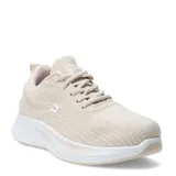 Championes deportivos de mujer en color beige, confeccionados en tejido de malla transpirable con detalles sintéticos. Presentan cierre de cordones al tono, suela blanca con diseño ergonómico y logo de la marca en la lengüeta y el lateral.