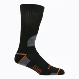 Pack de tres pares de calcetines deportivos unisex, uno gris con detalles naranja, uno rojo con detalles gris y uno negro con detalles gris.