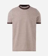 Remera Marfinno de corte slim y mangas cortas, con diseño de rayas horizontales finas bicolor en blanco y negro, y detalles contrastantes en cuello redondo y puños.