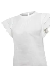 Blusa de algodón orgánico y ramie color blanco, con cuello redondo y mangas cortas con detalles de crochet. Presenta un diseño clásico con cierre de botón en la parte posterior.