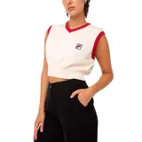 Chaleco tejido Fila color crema con cuello en V y ribetes rojos.