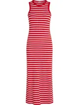 Vestido midi ajustado de viscosa elástica con textura acanalada a rayas horizontales rojas y blancas. Sin mangas, con cuello redondo y espalda deportiva. Logo de Tommy Hilfiger bordado en el bajo.