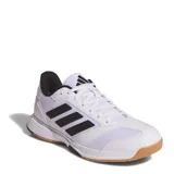 Championes deportivos Adidas Ligra 8 para interior, color blanco con las icónicas tres tiras laterales en negro. Presentan una estructura de malla transpirable con refuerzos sintéticos, cuello acolchado negro y suela de goma color caramelo diseñada para ofrecer tracción en superficies indoor.