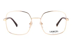 Lentes de receta Lancel con armazón metálico en color dorado, de forma cuadrada con bordes redondeados y patillas con terminales en carey.