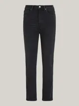 Pantalón de jean negro de corte ajustado, tiro alto y largo tobillero.