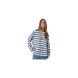 Remera de manga larga con diseño de rayas horizontales en tonos celestes y azul marino, cuello redondo blanco y pequeño logo bordado en rojo en el centro del pecho.