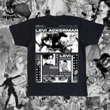 Remera negra con estampado de Levi Ackerman del anime Attack on Titan.