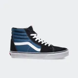 Championes de caña alta Vans SK8-HI, color negro con detalles en azul y la clásica Sidestripe blanca en los laterales.