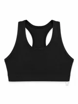 Top deportivo negro con diseño de espalda nadadora y banda elástica inferior.