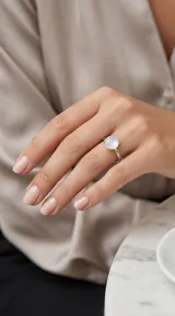 Anillo de plata 925 con piedra luna natural de corte circular y engaste de cuatro garras.