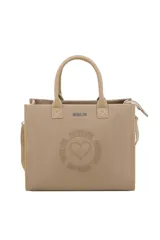 Cartera tipo tote de cuero sintético marrón, con doble asa de mano, correa ajustable y desmontable, y detalles de estampado en relieve con forma de corazón y la inscripción "Oreiro Love".