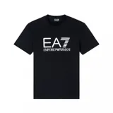 Remera de manga corta, cuello redondo, color negro, con el logo de EA7 Emporio Armani estampado en blanco en el pecho.