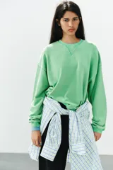 Sudadera de algodón color verde brillante con efecto lavado, cuello redondo con detalle de costura triangular, manga larga y acabados en rib.