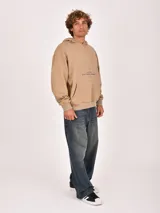 Hoodie de color negro con efecto lavado, cuenta con capucha y bolsillo frontal tipo canguro. Presenta un estampado gráfico en el pecho con elementos geométricos, el texto 'DESCEND' y estrellas.