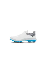 Championes de golf Ecco W Golf, color blanco con detalles en gris y celeste. Confeccionados en cuero Ecco, con tecnología GORE-TEX impermeable y tecnología BIOM® NATURAL MOTION®.