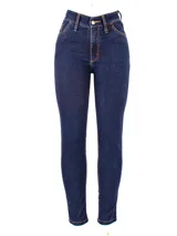 Pantalón de jean chupín azul oscuro, tiro alto y elástico.
