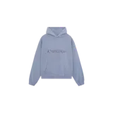 Hoodie oversize Eme Studios de color gris azulado, con capucha, bolsillo frontal tipo canguro y el logo de la marca bordado en el centro del pecho.